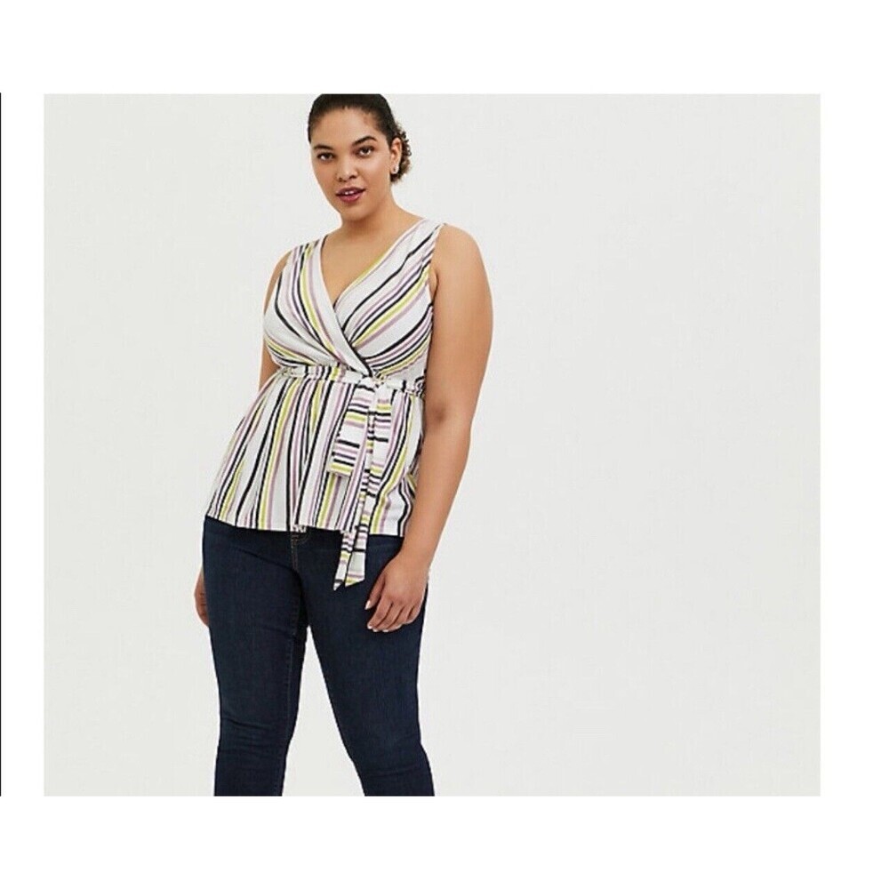Torrid Multi Stripe Crepe Wrap Babydoll Tank Top Size 00 Sleeveless Casual‎
